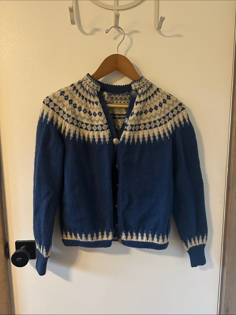 Hand Knit Blue and Cream Nordic-Style Women’s Wool Cardigan